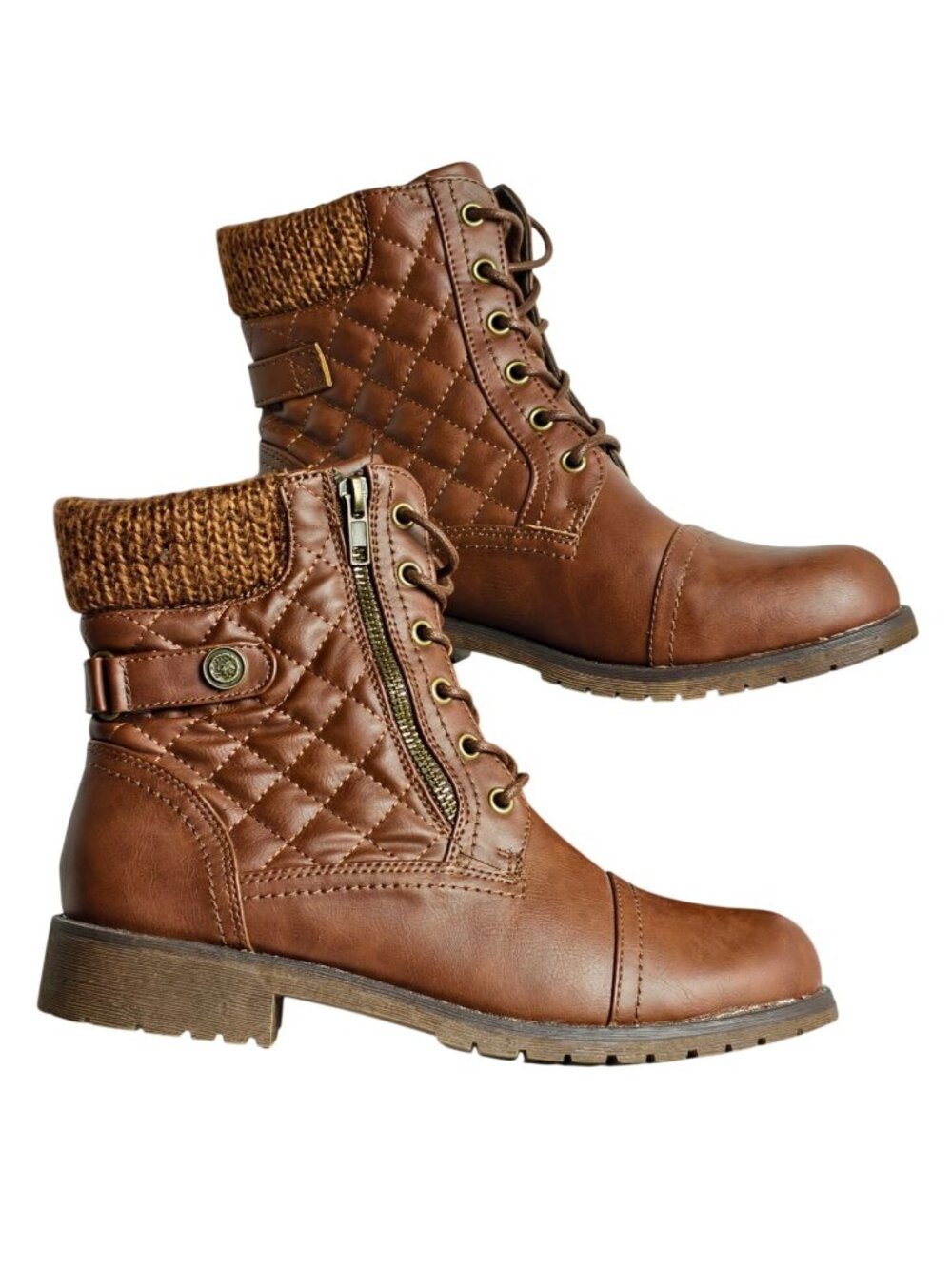 Vepose NY Womens 8.5 Lace-Up Ankle Boots Brown Knit Cuff Zipper NEW Quilted